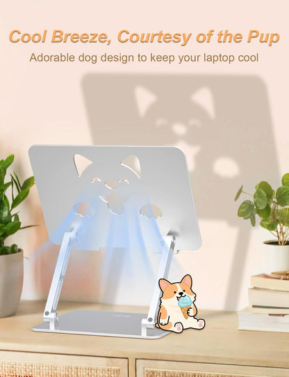 Aoviho Laptop Stand for Desk-Adjustable, Foldable, Portable, Ergonomic Aluminum Notebook Riser with Unique Puppy Cooling Vent, Desk Gift for 10"-17.3" Devices Mac, Dell, HP, Lenovo, Samsung, Gray