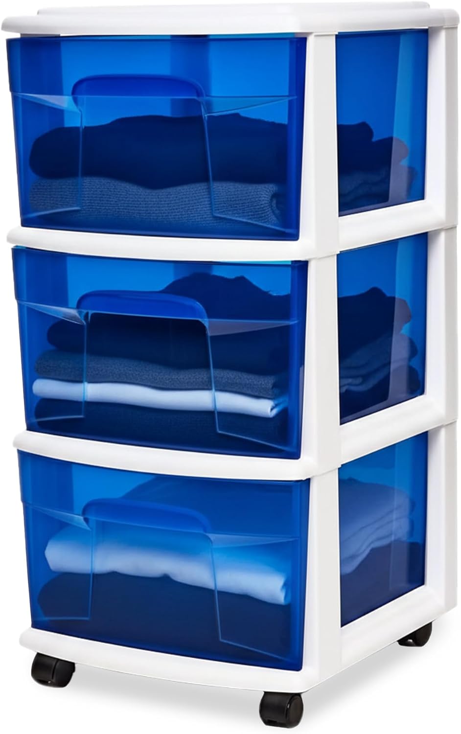 HOMZ Drawer Tower, 3-Tier Rolling Storage Cart with Removable Wheels, White Frame – Plastic Organizer with Clear Bin Drawers for Bedroom, Bathroom, Home Office, and Dorm Room