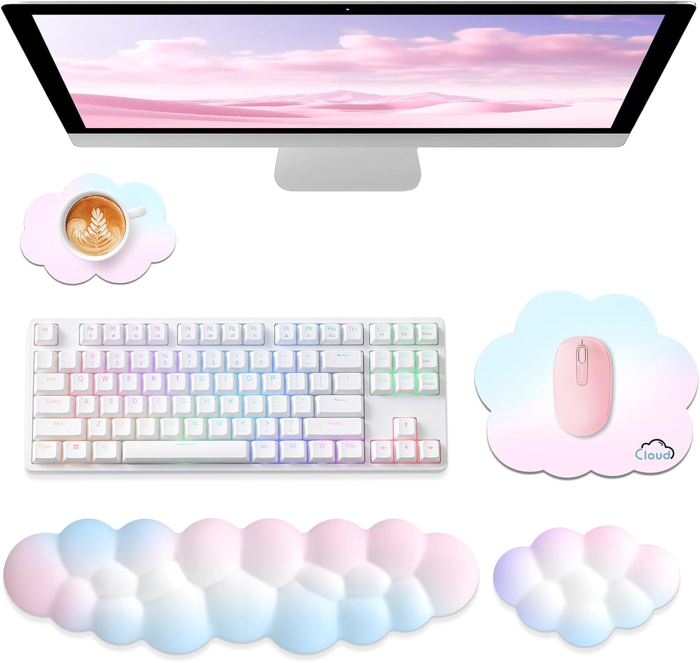 Sushret Cloud Wrist Rest for Computer Keyboard, 4-in-1 Memory Foam Leather Cloud Keyboard Wrist Rest and Mouse Pad Set with Ergonomic Support for Arm and Palm Cushion, Gaming/Work Setup, Rainbow