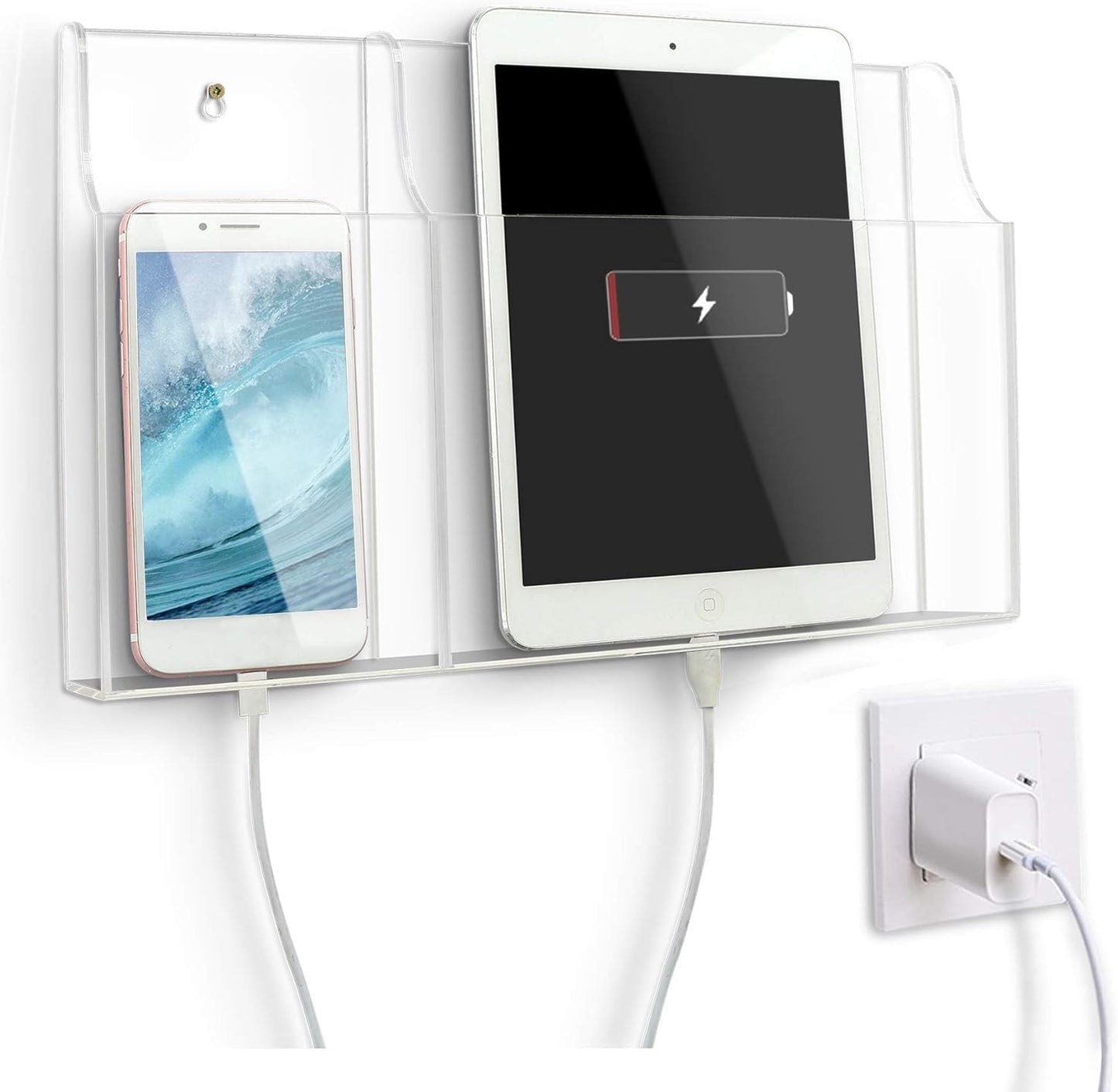 VANCORE Clear Wall Mounted Phone Holder Acrylic Remote Control Holder Media Organizer Caddy with Holes for Charging Phone Tablet Holder (Two Compartments)