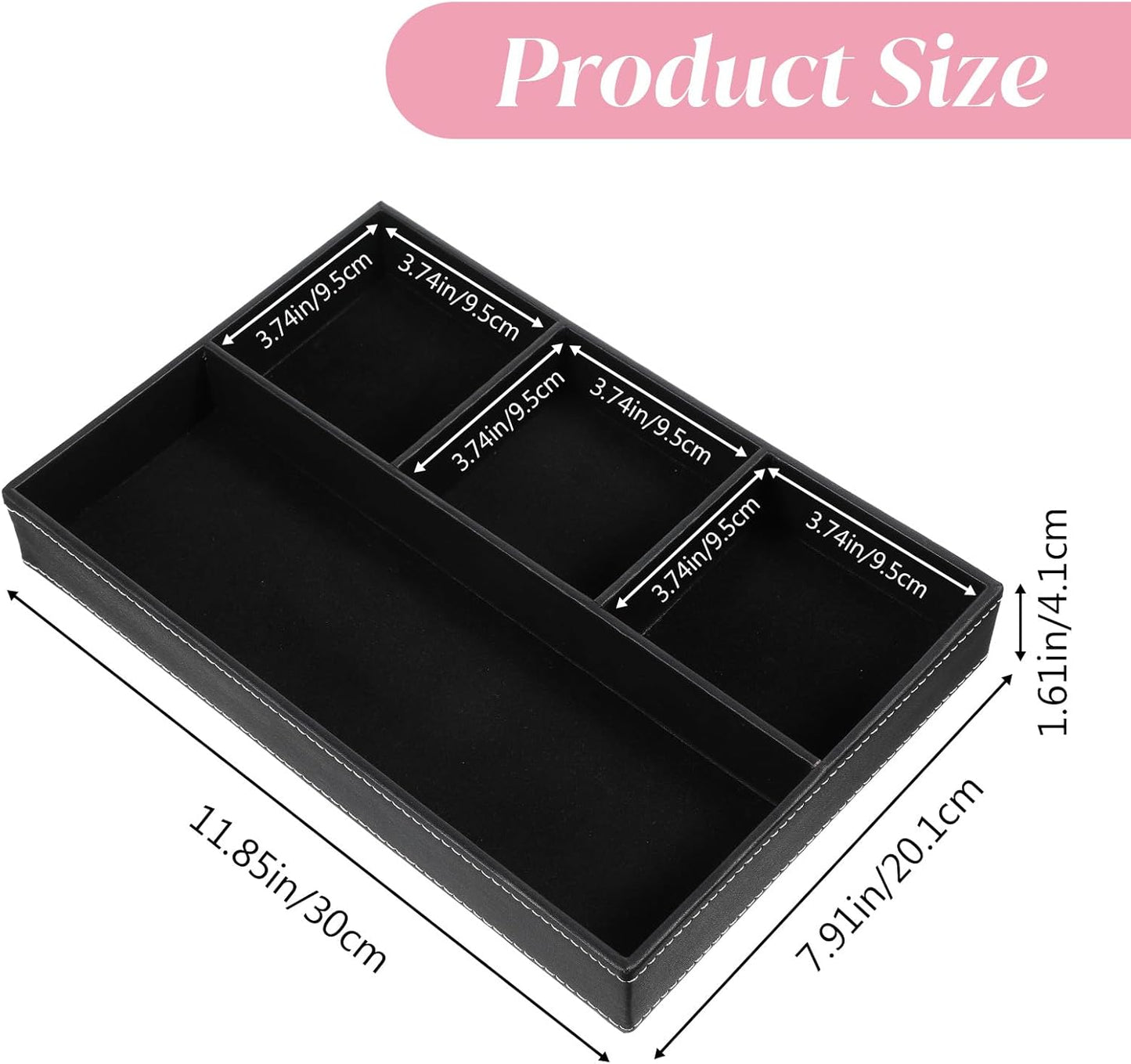 3 Pieces Faux Leather Valet Tray Set, Stackable Jewelry Organizer with Soft Lining, Dresser Storage Box for Nightstand, Key, Wallet, Watch, Phone, Sunglass, Coin, Black