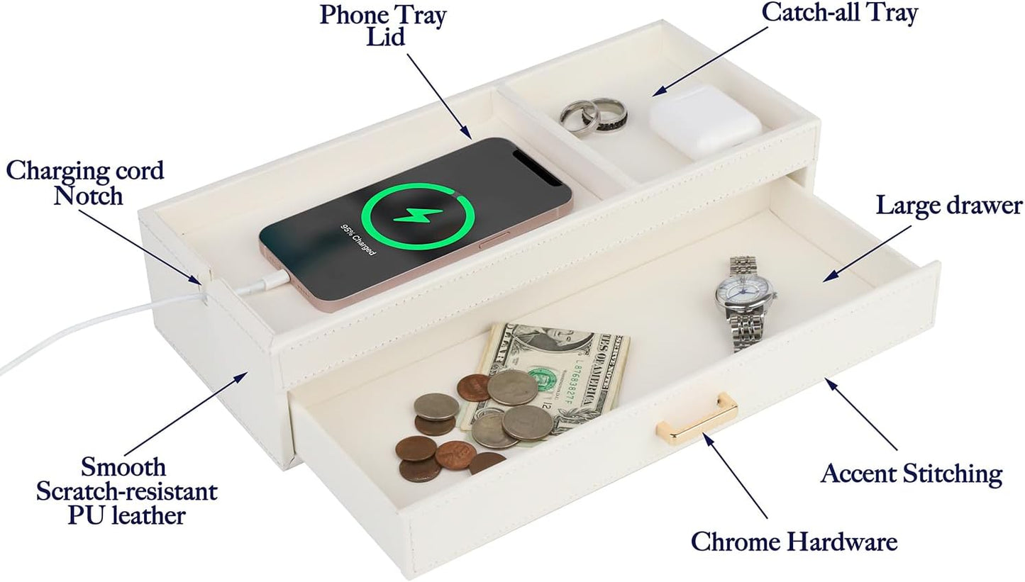 HofferRuffer Valet Jewelry Tray Organizer with Drawer, Faux Leather Storage Catchall Box Phone Charging Station Tray with Dresser Nightstand Desktop Drawer Organizer (Black)