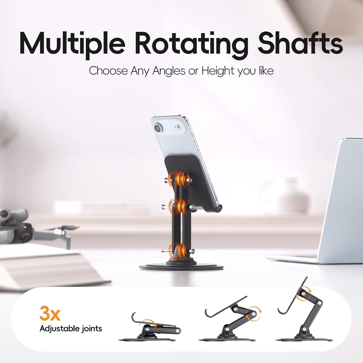 Adjustable Phone Stand for Desk, 360° Rotating Foldable Mobile Phone Holder, Sturdy Office Desk Accessories for All iPhone & Samsung Galaxy Models