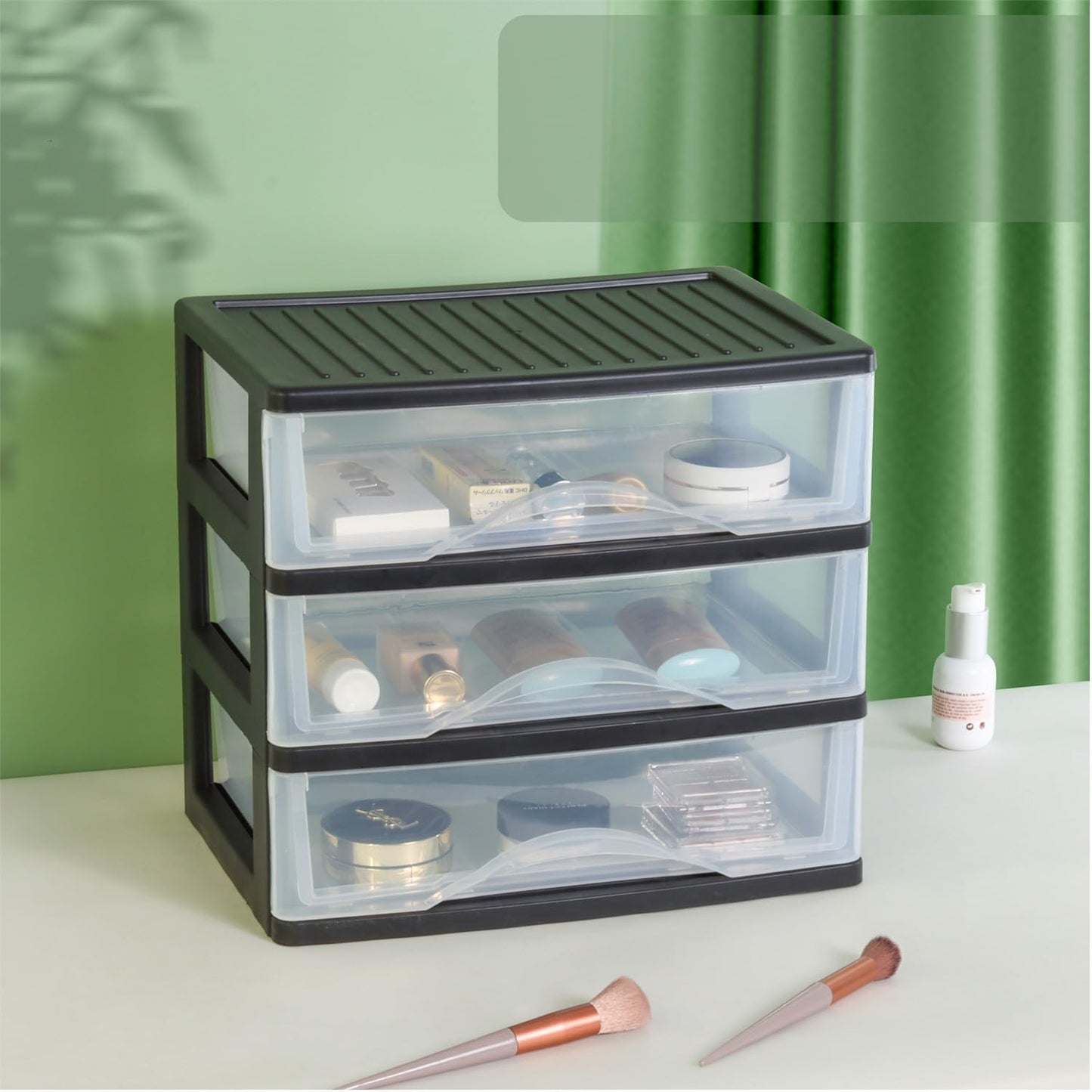 BYCY Medium 3 Drawer Plastic Clear Stacking Desktop Organizer for Office Supplies, Stackable Storage Drawers Storage Bins For Kitchen Cabinets, Pantry, Home Organization (Black, Medium 3Drawer)