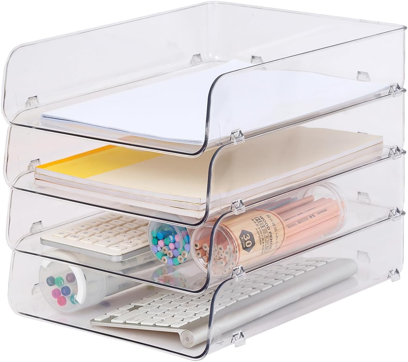 Gagee 4 Pack Paper Organizer for Desk,Stackable Paper Tray Book Holder for Classroom,Office and More,Letter Tray Desk Organizer,Clear