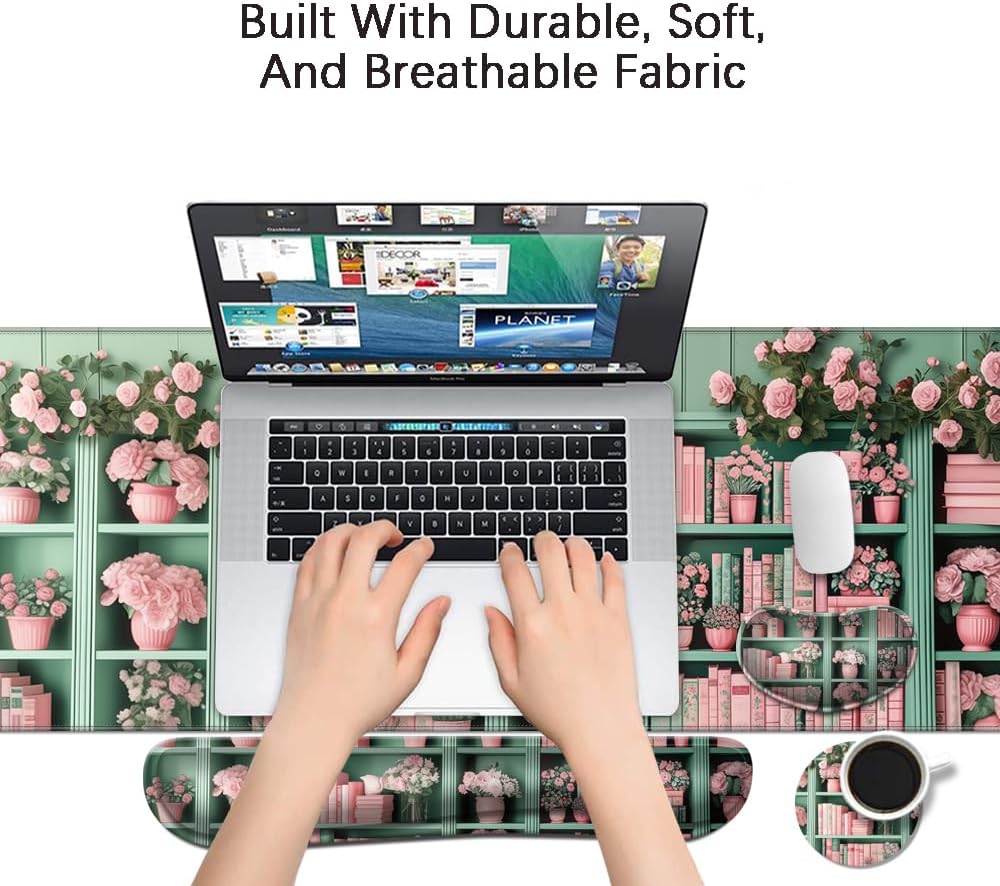 MIBITRI Keyboard Mouse Pad Set, Extended Gaming Mouse Pad+Ergonomics Keyboard Wrist Rest Support, Memory Foam, Easy Typing Pain Relief, 4Pcs XXL Ultra Thick Desk Mat, Enchanted Bookshelf