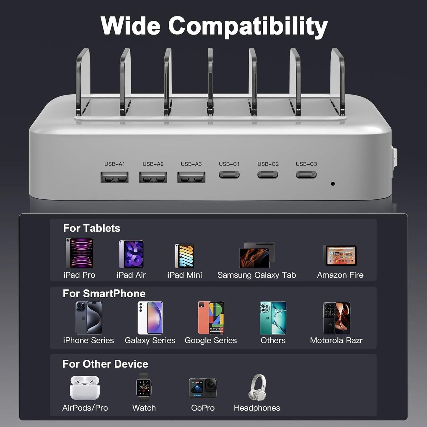 MSTJRY 90W 6-Port USB C Fast Charging Station for Multiple Devices, Multi PD Charger Station for iPhone iPad Tablet Phone, Charging Dock Organizer with Adjustable Dividers for Home Office Classroom