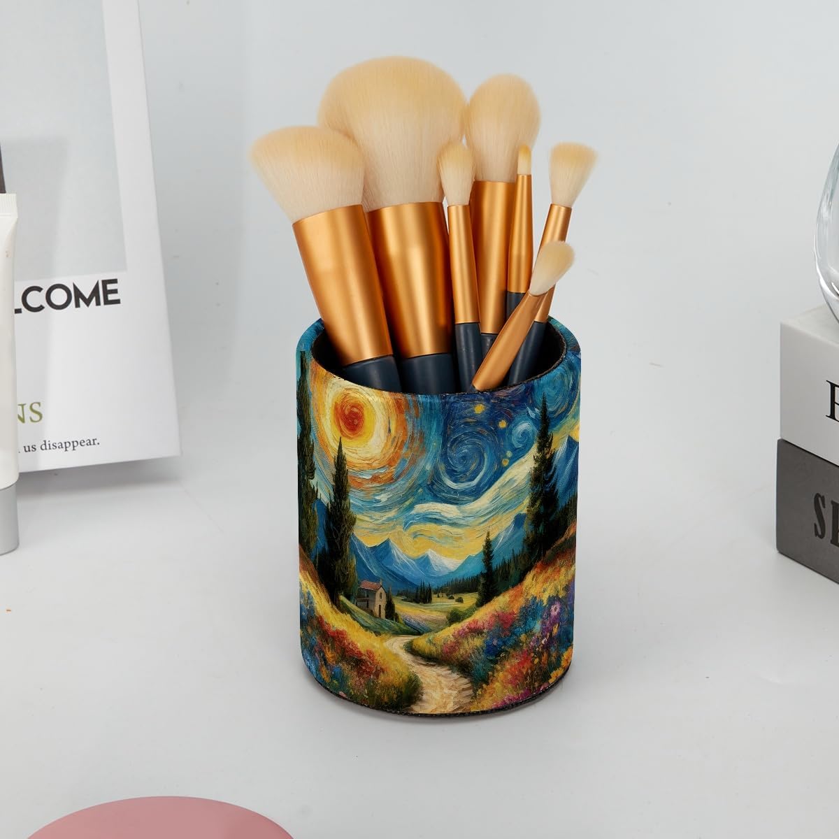 Leather Pen Holder for Desk, Love Cherry Pencil Organizer Pencil Cup Desk Decor Makeup Brush Holder Multifunctional Office Supplies for Home,Office, School