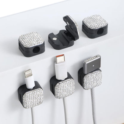 Sparkly Diamond Cord Organizer Holder, 6 Pack Magnetic Desk Cable Clips Management, Hide Phone Charging Cable Keeper, Strong Adhesive Wire Charger Holder for Nightstand, Kitchen Appliances (Pink)