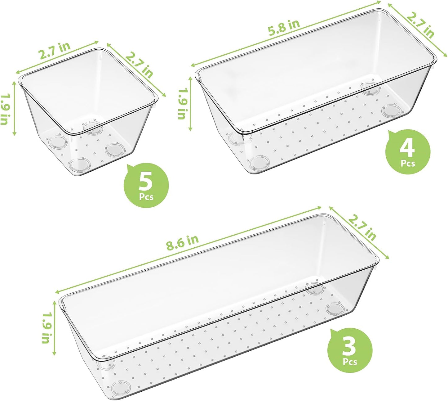 12 Piece Clear Drawer Organizer Set, 3 Sizes Bathroom Vanity Organizer Trays and Storage Bins for Makeup, Cosmetics, Jewelry, and Gadgets. Perfect for Office, Kitchen, Bedroom, Bathroom Use.