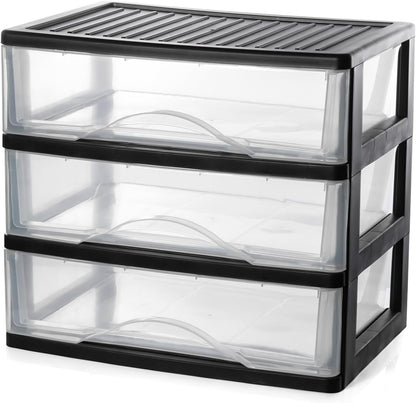 BYCY Medium 3 Drawer Plastic Clear Stacking Desktop Organizer for Office Supplies, Stackable Storage Drawers Storage Bins For Kitchen Cabinets, Pantry, Home Organization (Black, Medium 3Drawer)