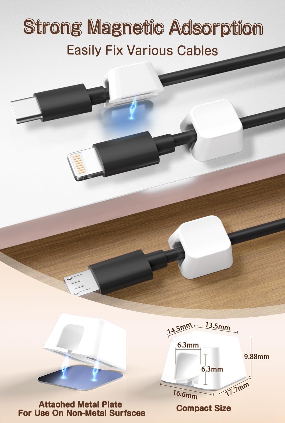 Maveek Magnetic Cord Holders, 5 Pack Silicone Magnet Cable Clips with Metal Plates, Standing Desk Wire Organizer for USB Charging Cables, Nightstand, Car, Metal Surface (Small, White)