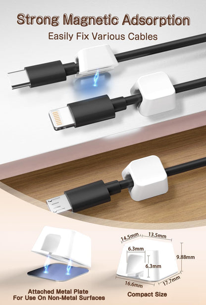 Maveek Magnetic Cord Holders, 5 Pack Silicone Magnet Cable Clips with Metal Plates, Standing Desk Wire Organizer for USB Charging Cables, Nightstand, Car, Metal Surface (Small, White)