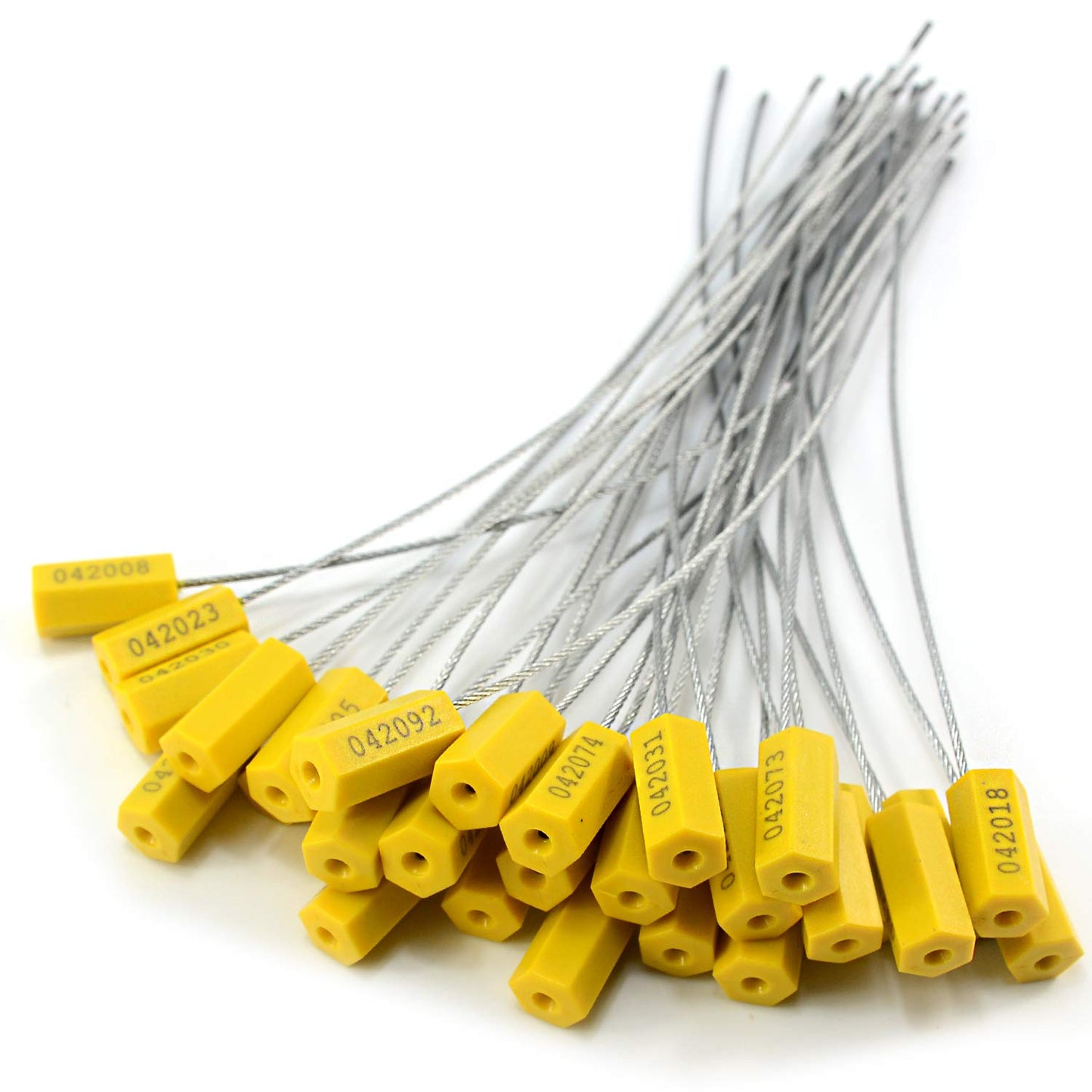 50 pcs Tamper Resistant Security Seals Numbered Steel Cable Wire Truck Seals Pull-Tite Secure Shipping Tag Self-Locking Padlock for Trailers, Truck (Yellow)