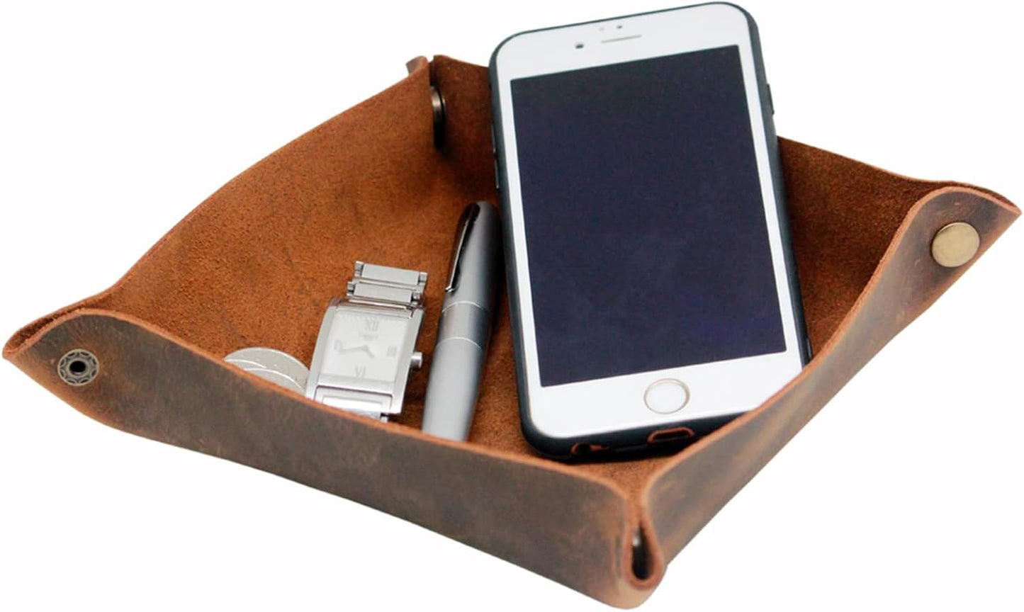 boshiho Valet Tray for Men, Leather Jewelry Catchall Key Phone Coin Box Change Caddy Bedside Storage Box (Crazy Horse Leather - Dark Brown)