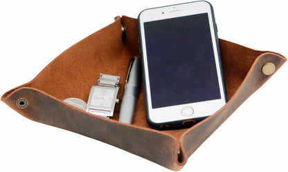 boshiho Valet Tray for Men, Leather Jewelry Catchall Key Phone Coin Box Change Caddy Bedside Storage Box (Crazy Horse Leather - Dark Brown)