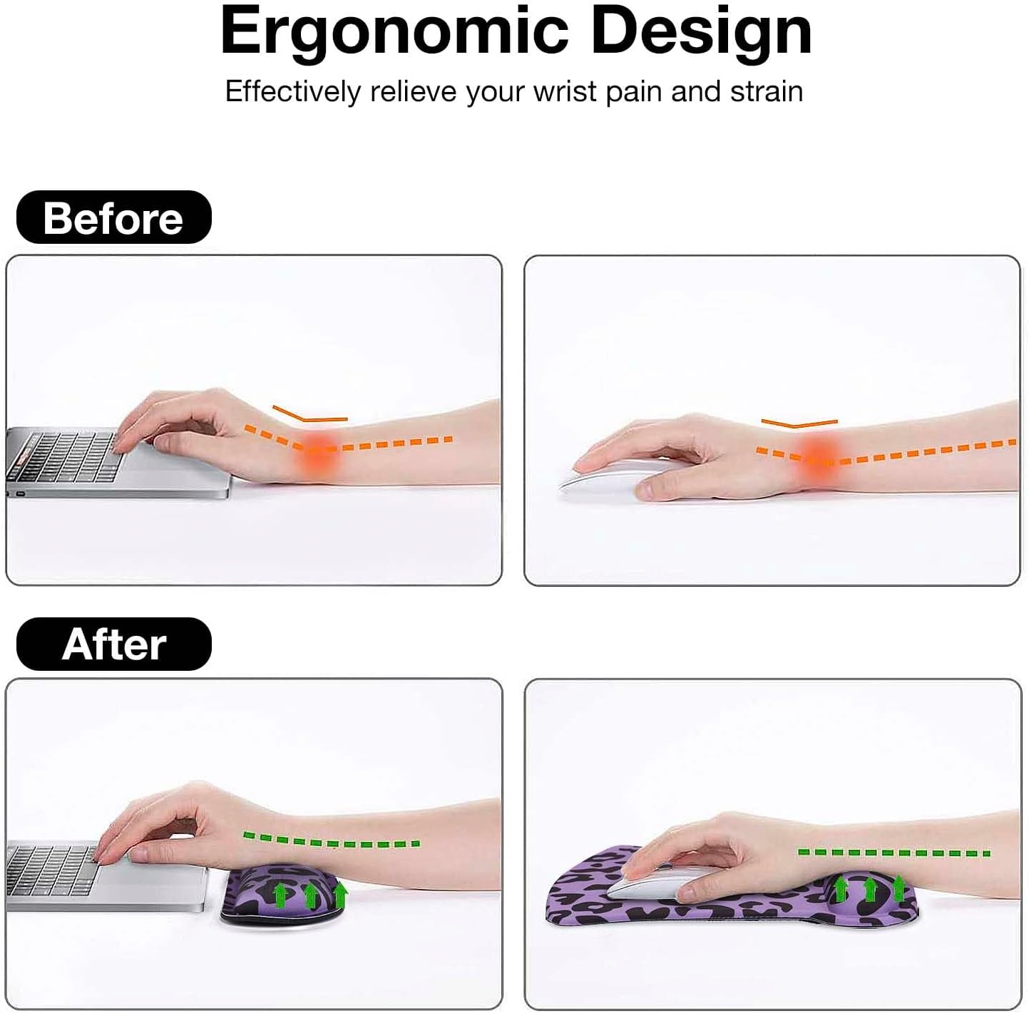 MOSISO Wrist Rest Support for Mouse Pad&Keyboard Set, Leopard Grain Ergonomic Mousepad&Coaster Non-Slip Base Home/Office Pain Relief&Easy Typing Cushion with Neoprene Cloth&Raised Memory Foam, Black