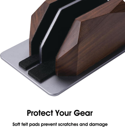 Walnut Wood Vertical Laptop Stand, Dual Slot Wooden Laptop Holder Vertical for Desk, Width Adjustable Dock Compatible with MacBook Pro and Universal Gaming Laptops