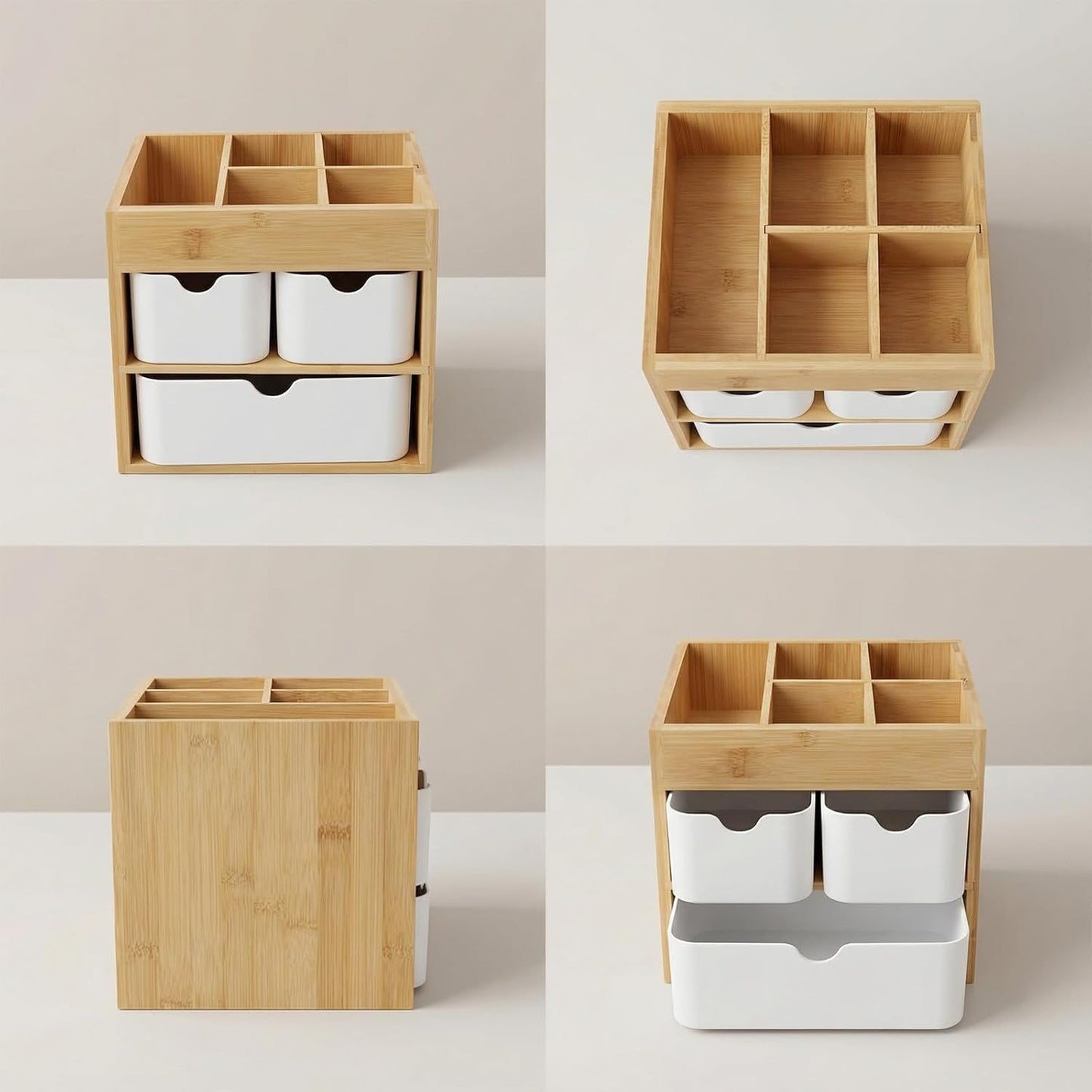 Bamboo Makeup Organizer with 3 Drawers, Dresser Cosmetic Organizer Box,Bamboo Desk Organizer for Home with Adjustable Dividers