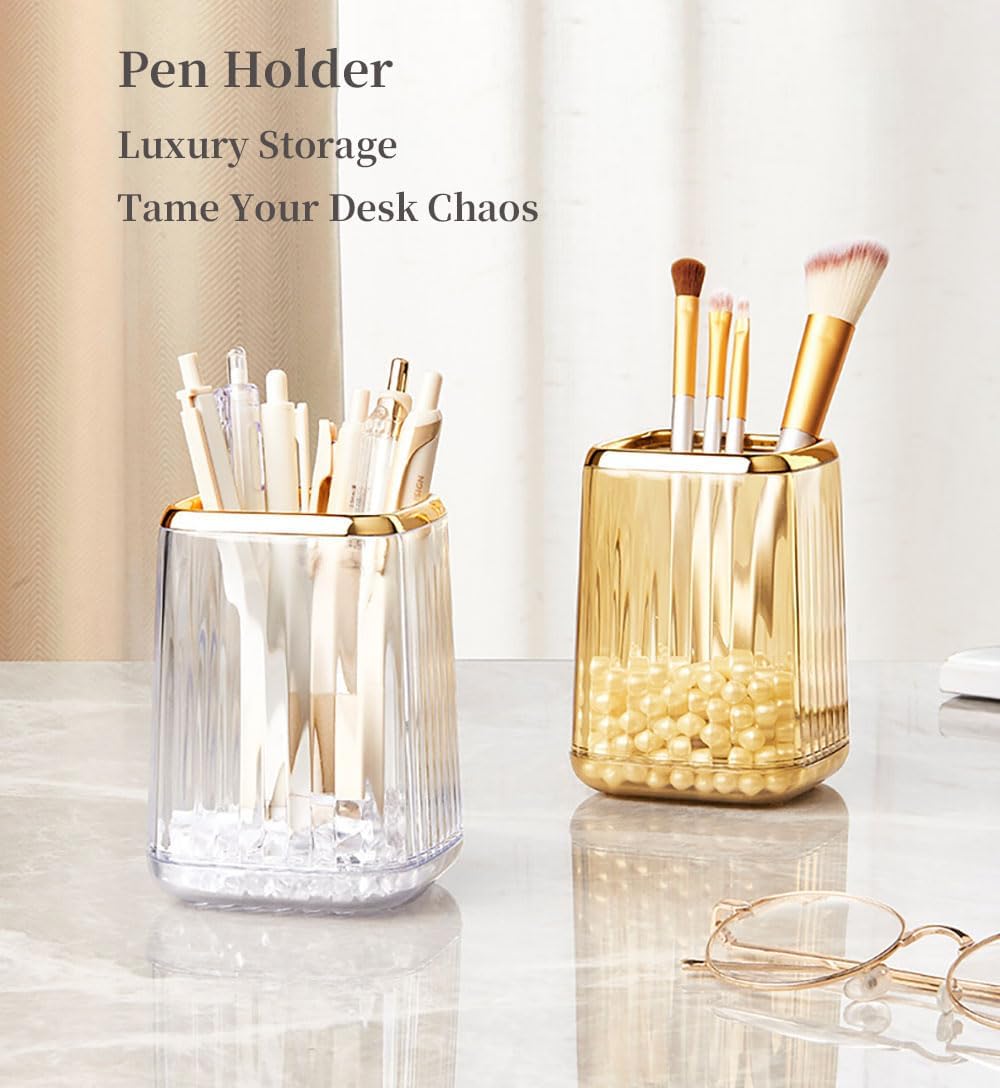 Acrylic Pen Holder, Cute Clear Green Desk Organizer for Pencils, Makeup Brushes Toothbrushes Storage Cup with Striped Design for Vanity Bathroom
