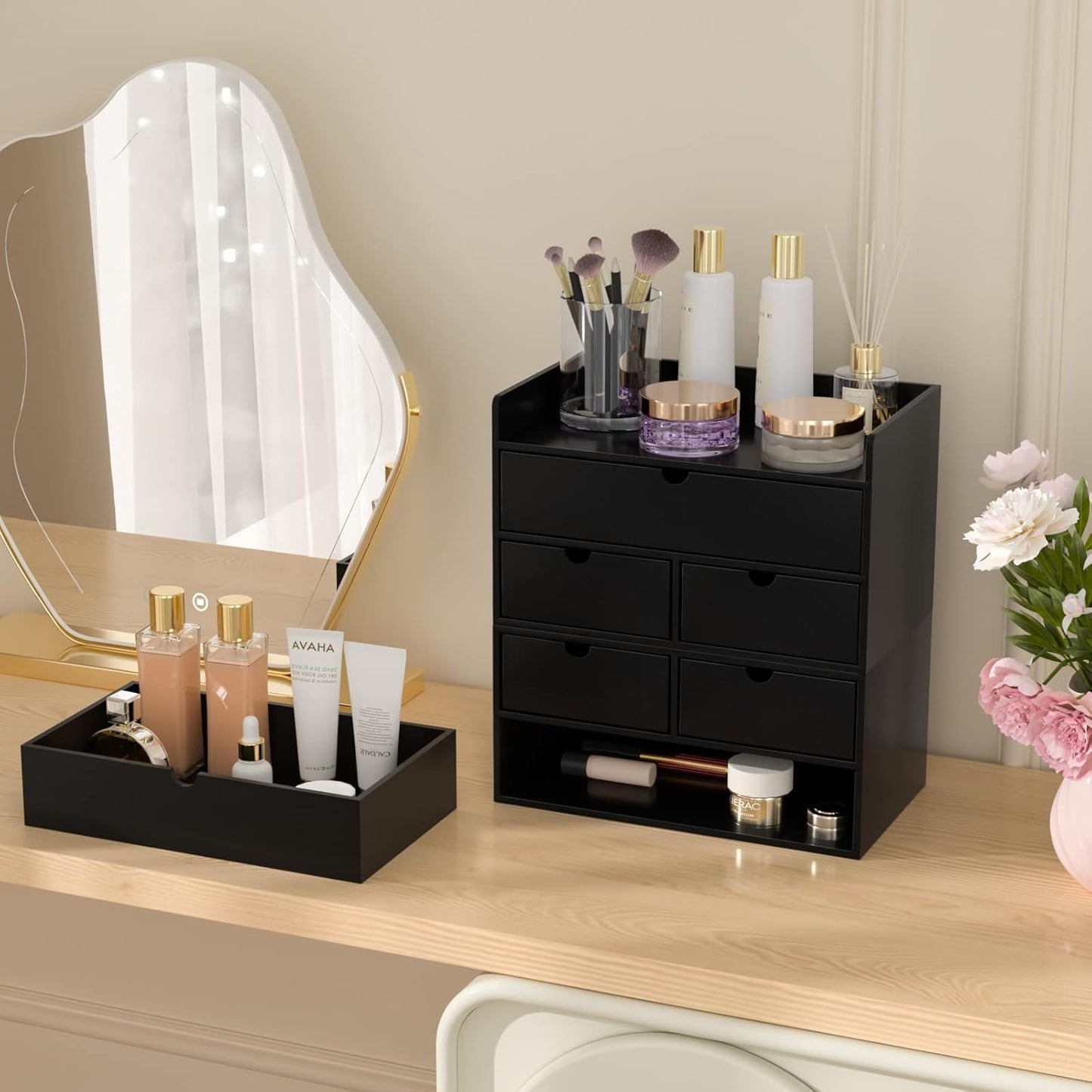 Wisuce Bamboo Desk Organizer - Mini Bamboo Desk Drawer Tabletop Cosmetic Storage Organization for Office or Home Black