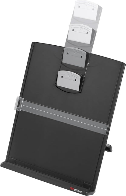 3M Desktop Document Holder Copy Holder, Adjustable Clip Holds Portrait and Landscape Documents for Easy Viewing, Bottom Ledge Has Lip to Keep up to 150 Sheets Securely in Place, Black (DH340MB)