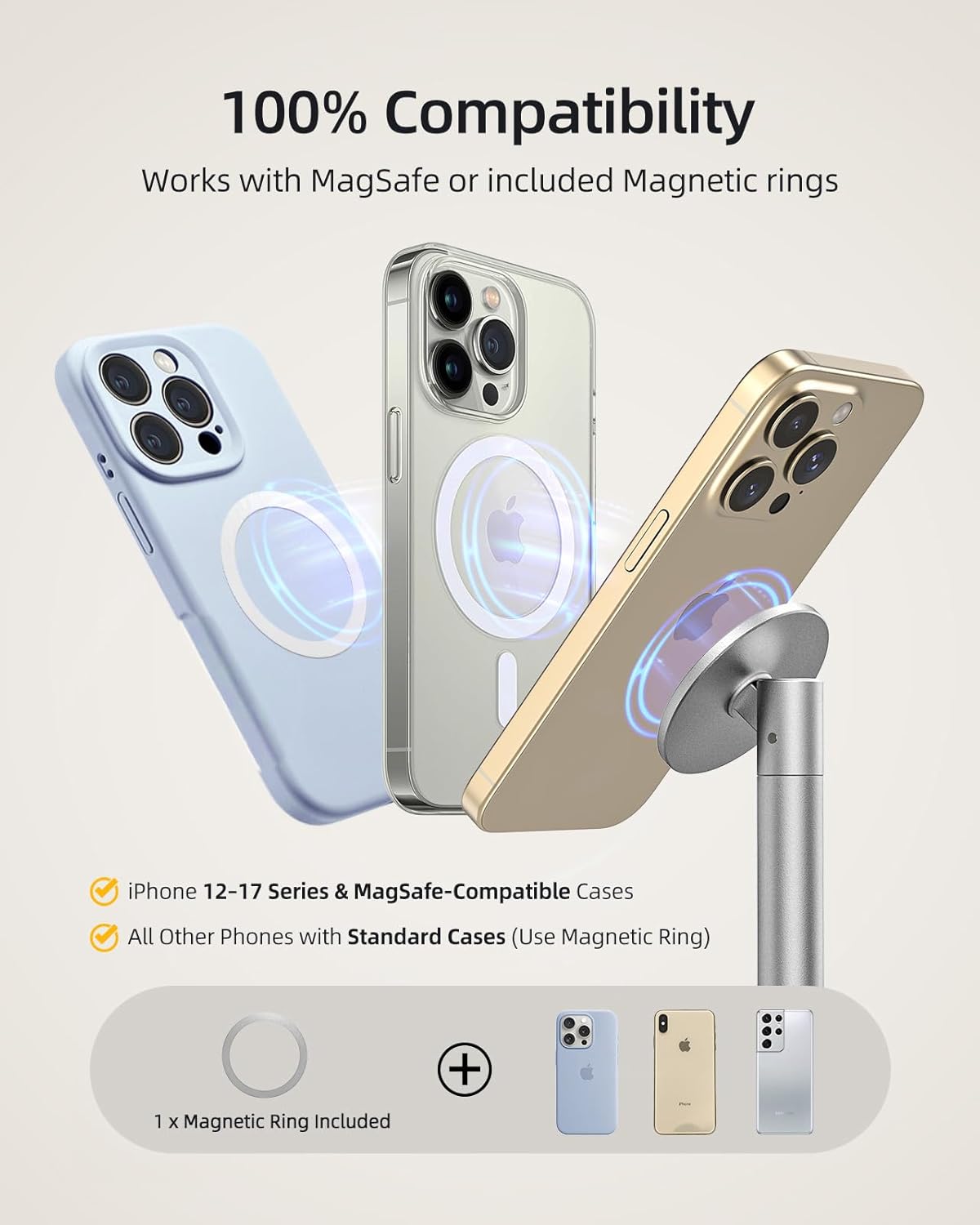 Nulaxy Magnetic Full Aluminum Cell Phone Stand for MagSafe with Metal Ring, 360 Rotating Phone Stand for Desk, Office Desk Accessories, Adjustable Phone Holder Compatible with All Phones, Gray