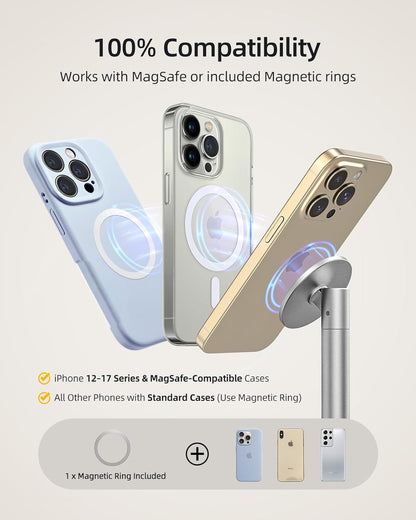 Nulaxy Magnetic Full Aluminum Cell Phone Stand for MagSafe with Metal Ring, 360 Rotating Phone Stand for Desk, Office Desk Accessories, Adjustable Phone Holder Compatible with All Phones, Gray