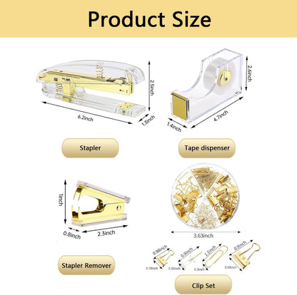 suniya Office Supplies,Gold Desk Accessories,with Stapler,Tape Dispenser,Pen Holder,Scissors,Phone Stand,Staple Remover,Ballpoint Pen,Clear Tape, Staples,Ruler,Clips,Best Gift for Business or Boss