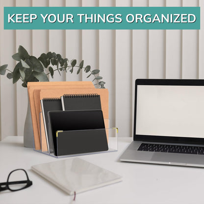 pbf Acrylic File Holder | Clear Acrylic Desk Organizer with Gold Accents | 3-Level Folder Holder, Mail Sorter, & Laptop Stand