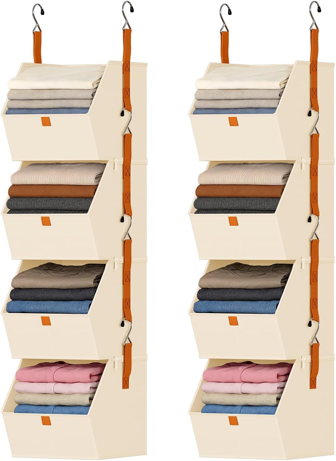 DIMJ Hanging Closet Organizer - 4 Tier Collapsible Hanging Shelves with Hooks Zipper, Fabric Clothes Organizer, Space-Saving Storage Bin Basket for RV, Bedroom, Laundry Organization