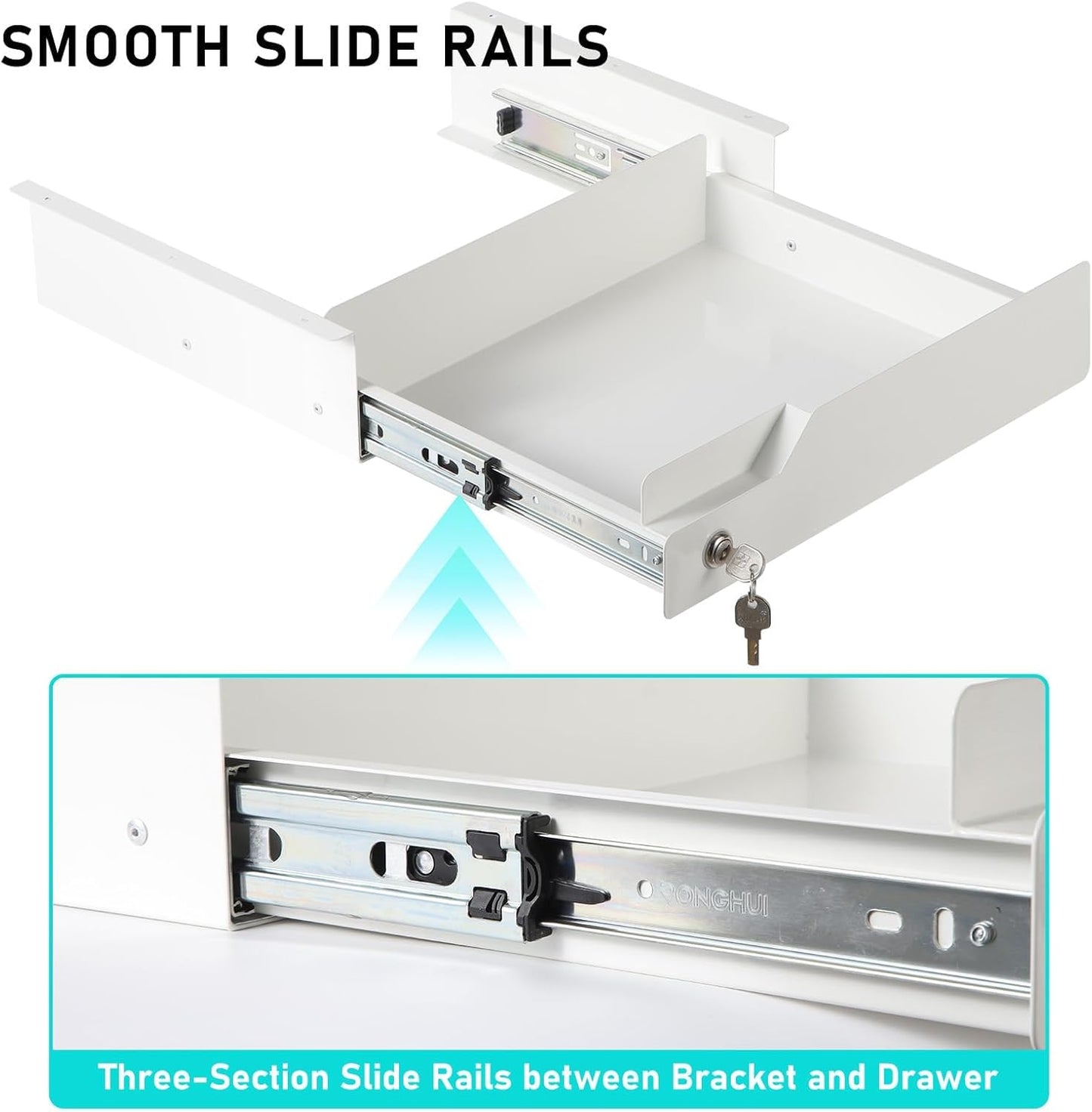 Under Desk Drawer Storage with Lock, Metal Undermount Table Drawer, Ball Bearing Slides Out Tray Organizer for Paper, Pencil, and Laptop 16"x11.8"x3.6", White