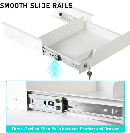 Under Desk Drawer Storage with Lock, Metal Undermount Table Drawer, Ball Bearing Slides Out Tray Organizer for Paper, Pencil, and Laptop 16"x11.8"x3.6", White