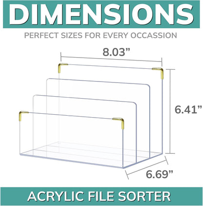 pbf Acrylic File Holder | Clear Acrylic Desk Organizer with Gold Accents | 3-Level Folder Holder, Mail Sorter, & Laptop Stand