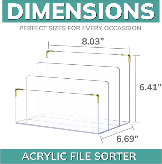 pbf Acrylic File Holder | Clear Acrylic Desk Organizer with Gold Accents | 3-Level Folder Holder, Mail Sorter, & Laptop Stand
