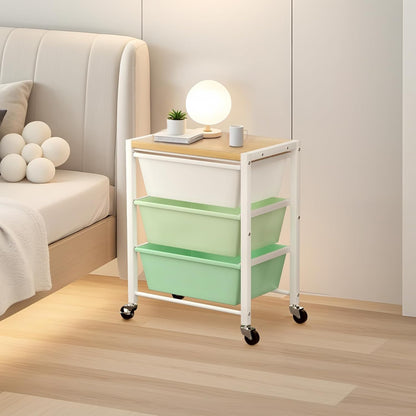 Rolling Cart with 3 Drawers, Plastic Drawer Storage Carts with Lockable Wheels & Wooden Tabletop, Metal Utility Cart Organizer, Office Bedroom Classroom Craft Organization and Storage, Bright White