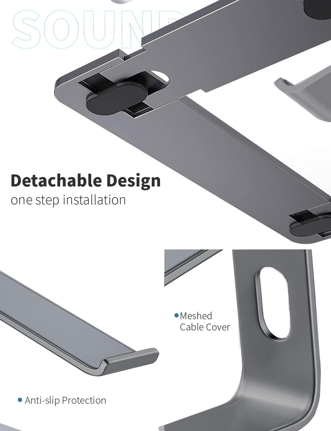 SOUNDANCE Laptop Stand, Aluminum Computer Riser, Ergonomic Laptops Elevator for Desk, Metal Holder Compatible with 10 to 15.6 Inches Notebook Computer, Silver