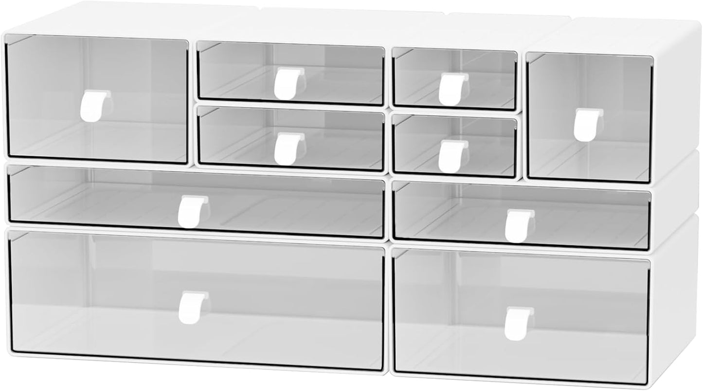 Desk Organizer Set, Clear Stackable Dustproof Storage Boxes for Desktop, Office, DIY Craft & Vertical Space Saving, Perfect for Makeup, Stationery, Jewelry Organization (5 Drawer)