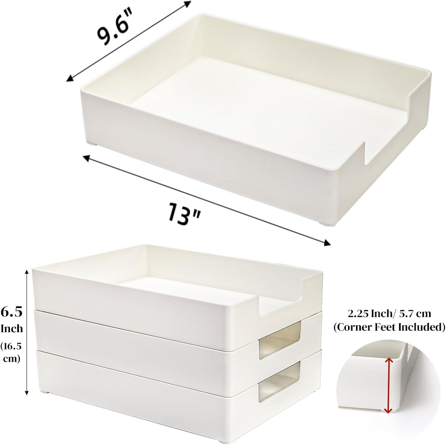 Eorbow 3 Pack Letter Tray, Plastic Stackable A4 Paper Trays, Rectangular Desk Drawer Organizer, File Holder for Desktop, Office Supplies Storage, White