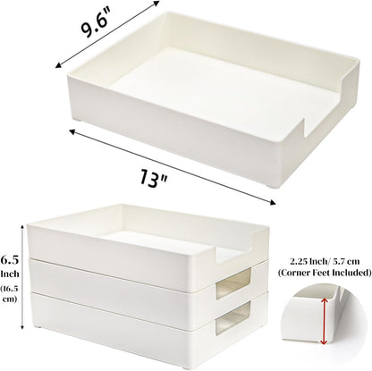 Eorbow 3 Pack Letter Tray, Plastic Stackable A4 Paper Trays, Rectangular Desk Drawer Organizer, File Holder for Desktop, Office Supplies Storage, White