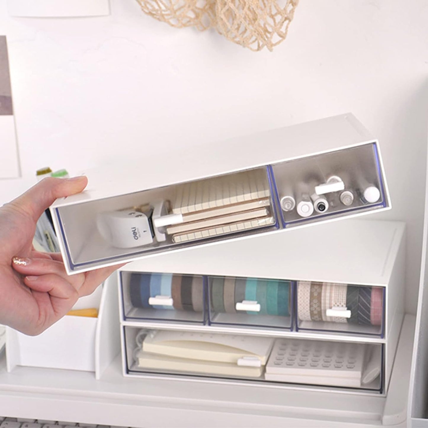 Desk Organizer with Drawers Stackable Storage Drawers, Plastic Compact Desk Storage Box Great for Office School Home Small Space- 1drawers (White)