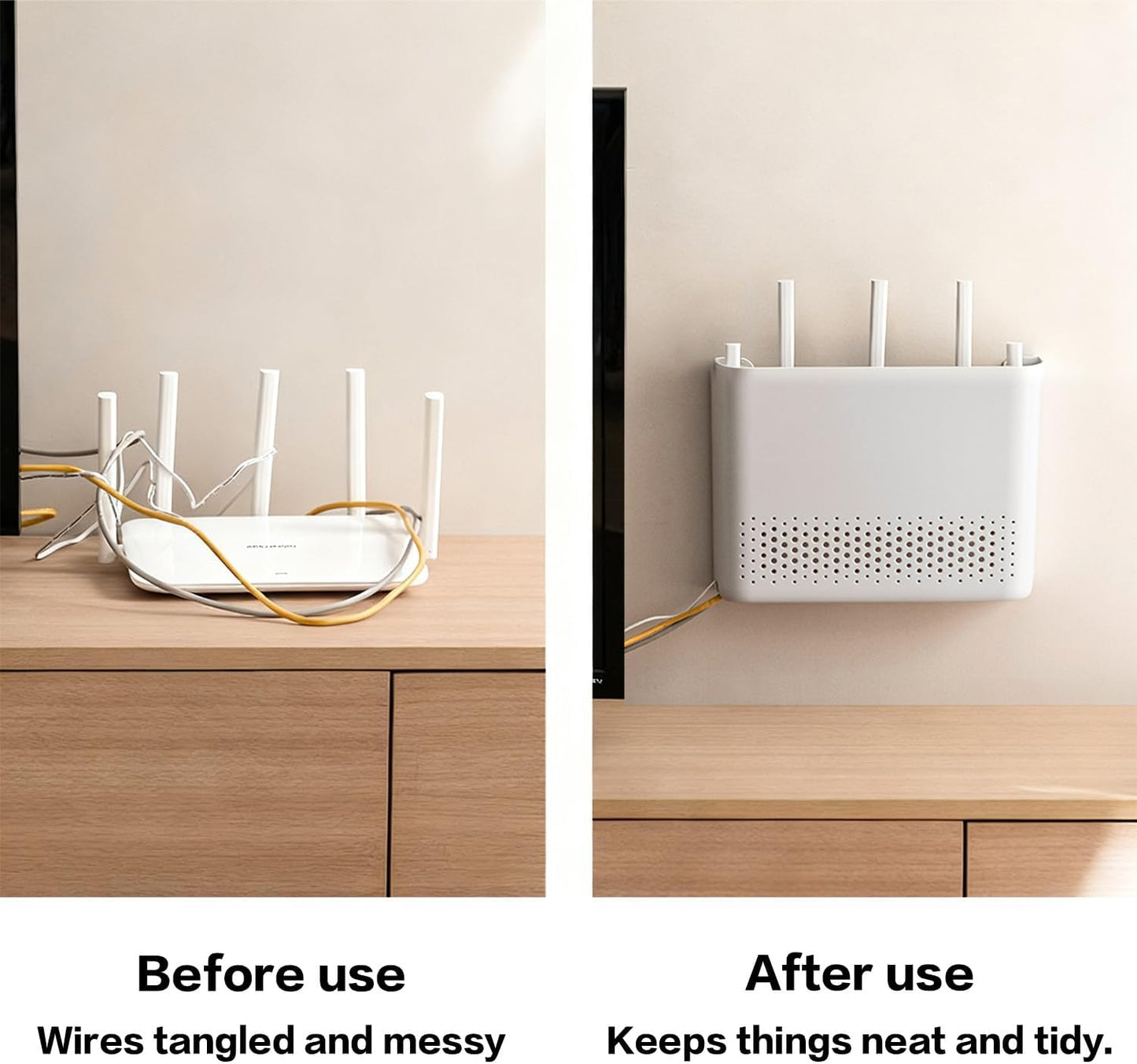 Wall Mounted Router Storage Box - No-Drill WiFi Router Organizer with Heat Dissipation Holes, Cable Management Box for Living Room, Bedroom, Study, Dorm, Apartment