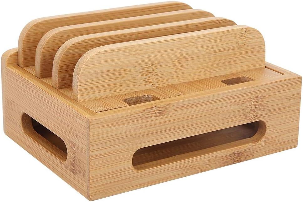 Oumefar Bamboo Multi-Device Stand Holder Charging Station Phone Tablet Charger Organizer 4 in 1 Charging Station for Multiple Devices for Meeting Rooms Restaurants Hotels and Homes