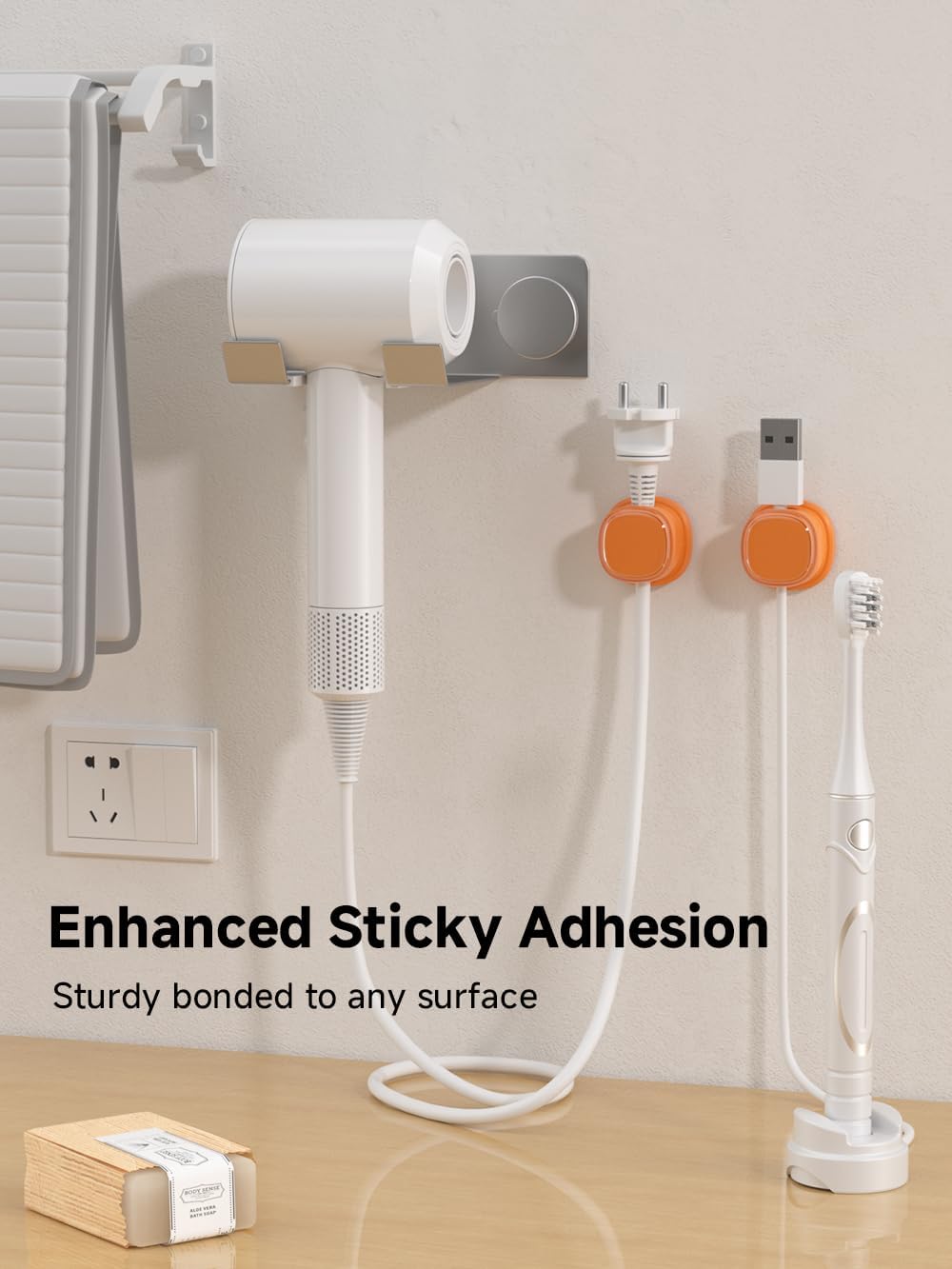 9 Pack Cord Organizer, Spring Cable Management, Adhesive Cute Cable Holder Clips, Phone Charger Wire Keeper for Desk Nightstand Car Office (9-Pack White_Orange_Blue)