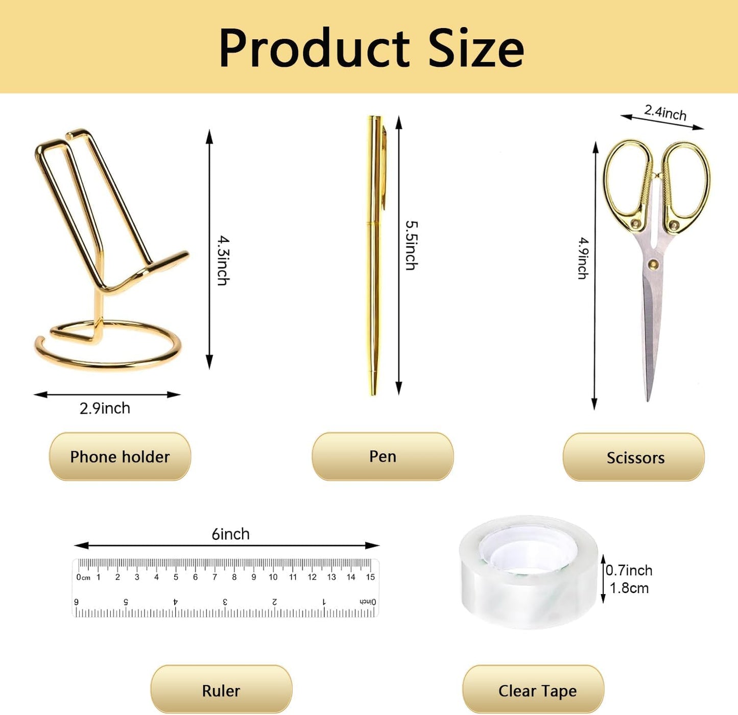 suniya Office Supplies,Gold Desk Accessories,with Stapler,Tape Dispenser,Pen Holder,Scissors,Phone Stand,Staple Remover,Ballpoint Pen,Clear Tape, Staples,Ruler,Clips,Best Gift for Business or Boss