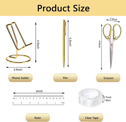 suniya Office Supplies,Gold Desk Accessories,with Stapler,Tape Dispenser,Pen Holder,Scissors,Phone Stand,Staple Remover,Ballpoint Pen,Clear Tape, Staples,Ruler,Clips,Best Gift for Business or Boss