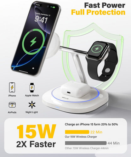 3 in 1 Magnetic Wireless Charger for Apple - Fast Charging Station Compatible with MagSafe for iPhone17-12, Apple Watch& AirPods, Phone and Watch Charger Stand for Desktop Bedside Nightstand (White)