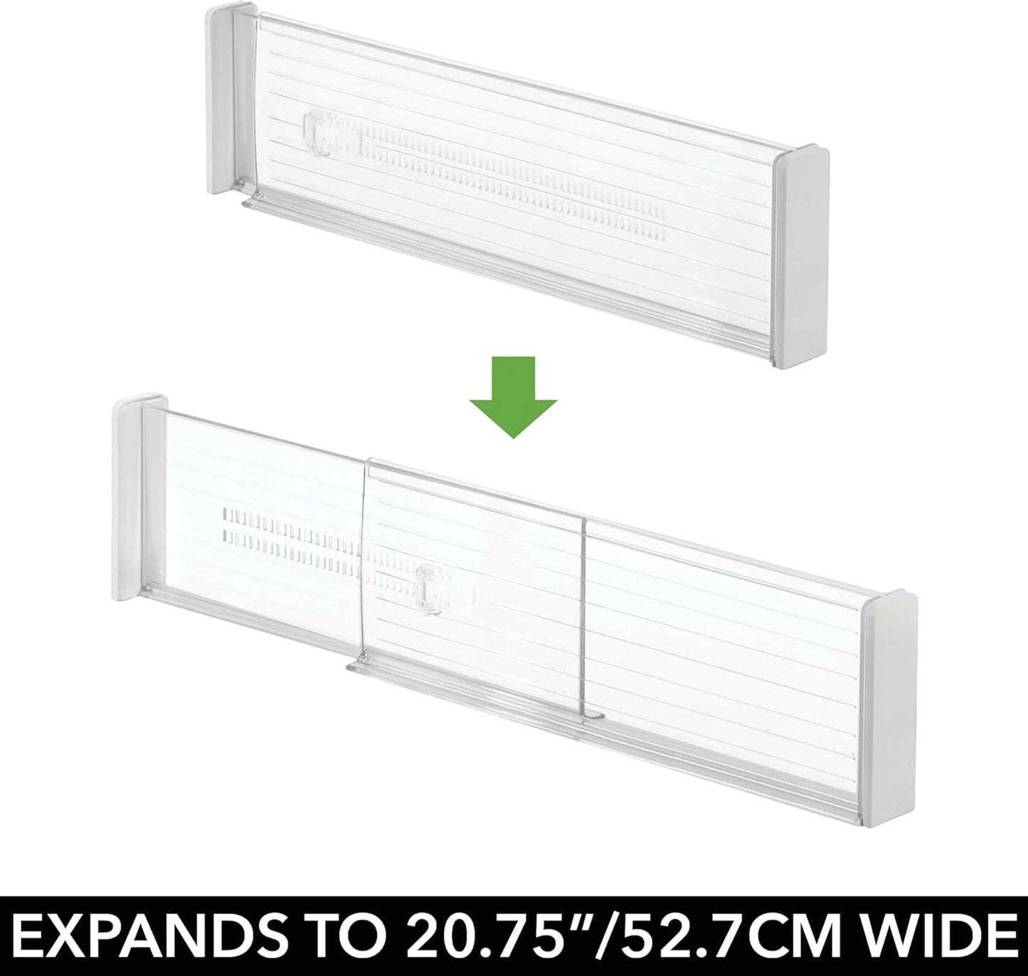 iDesign Plastic Adjustable Deep Drawer Divider, Kitchen, Dresser, Desk, Bathroom and More, The Linus Collection – Set of 2, Expandable 13.25” – 20.75”, Clear