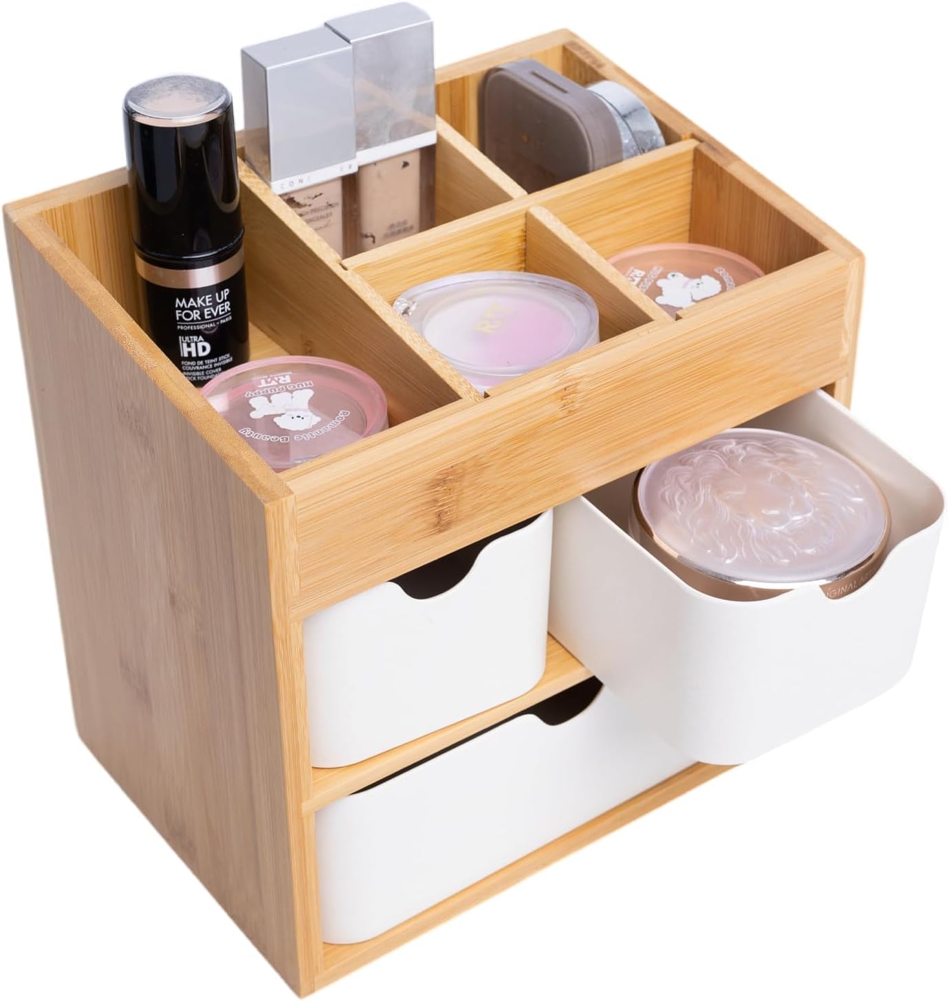 Bamboo Makeup Organizer with 3 Drawers, Dresser Cosmetic Organizer Box,Bamboo Desk Organizer for Home with Adjustable Dividers