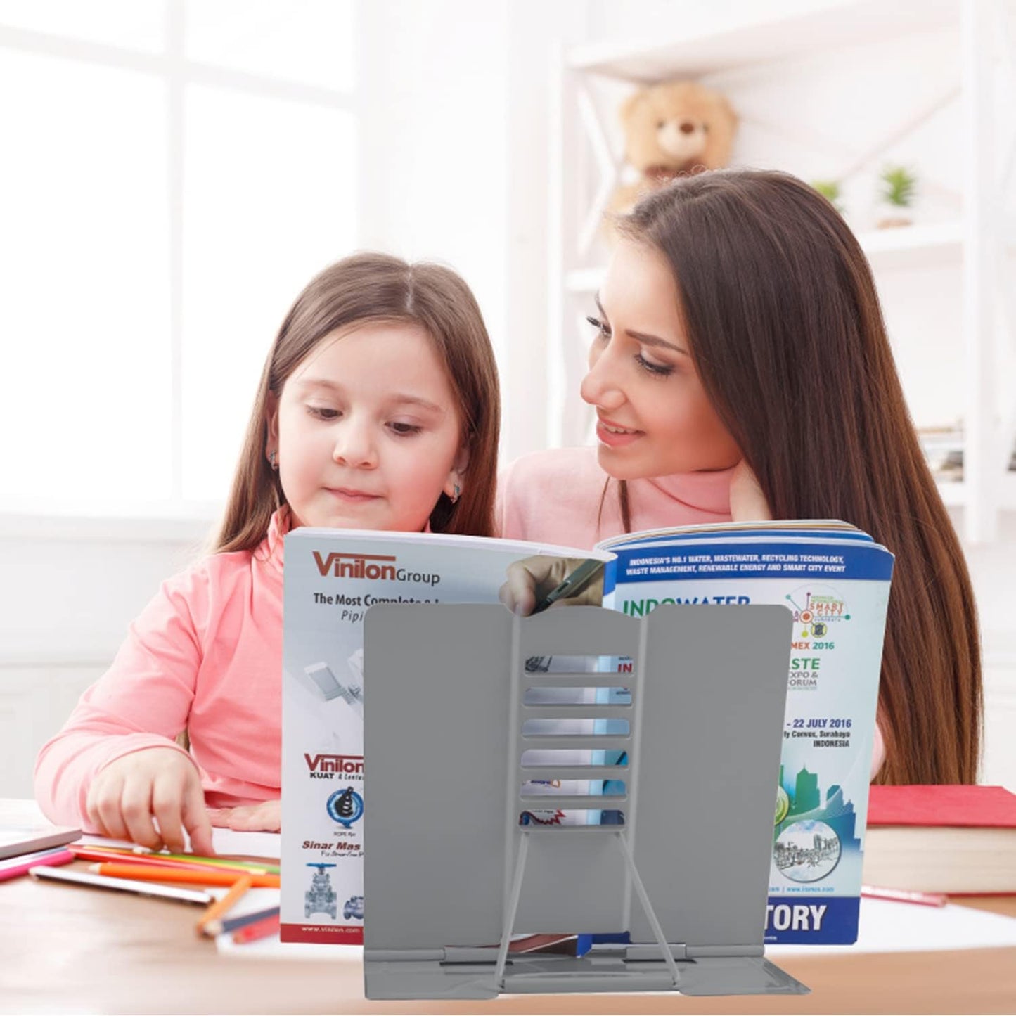 Honagu Metal Desk Book Holder, Hands Free Adjustable Cookbook & Document Holder, Portable Bookstand for Music Books, Textbooks, Recipes, Tablets & iPads (Purple)